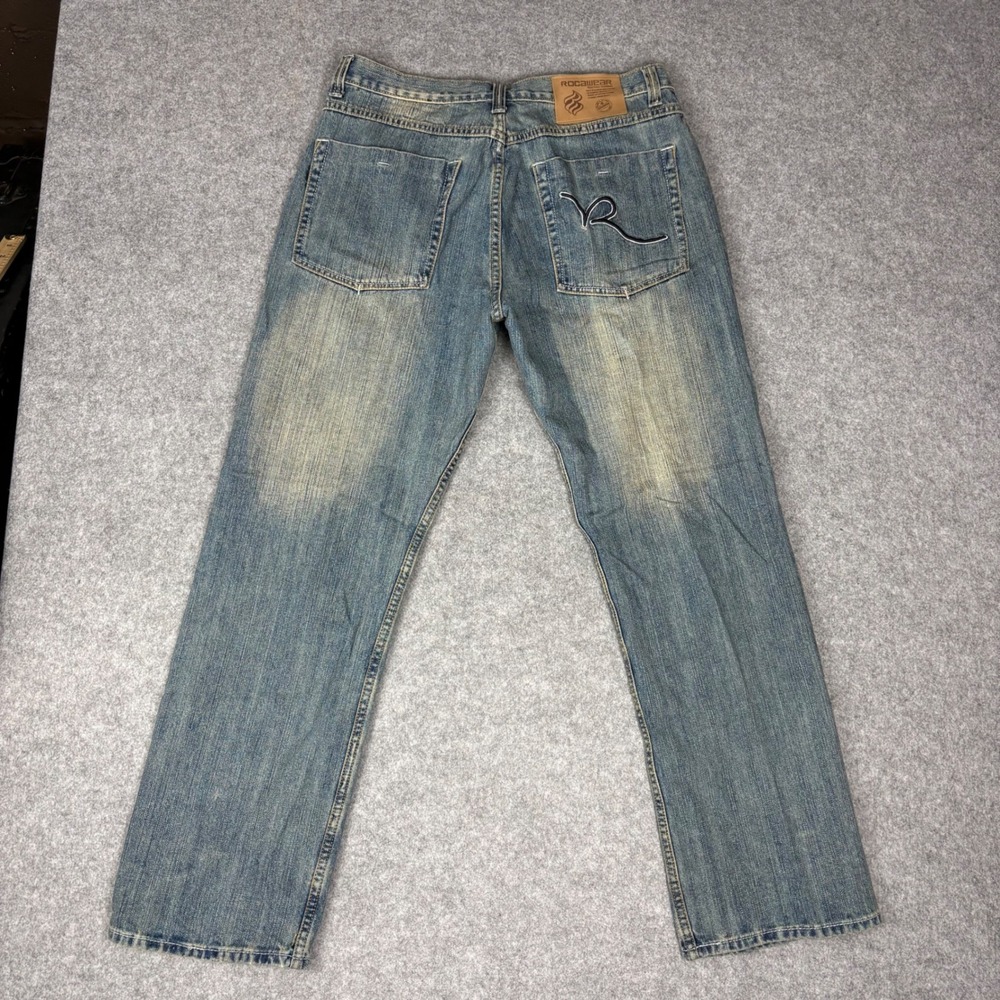 Rocawear Mens Baggy Fit Jeans 36x32 Blue Denim Embroidered Logo Y2K Hip Hop